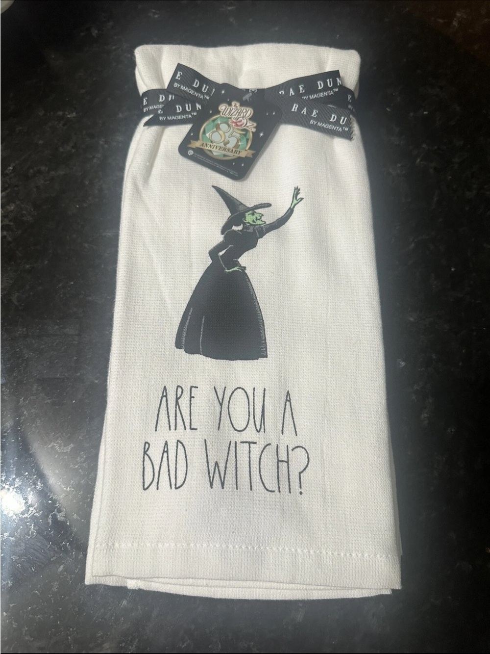 Rae Dunn White Cotton Tea Towel with Black Witch Graphic and Green Accent 2 pk